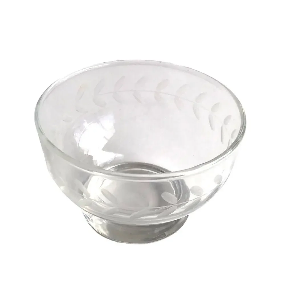 Vintage Floral Etched Glass Clear Sugar Bowl Dessert Parfait Candy Side Dish MCM